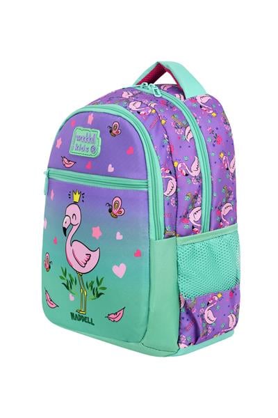 Kız Çocuk Mor Yeşil Flamingo Desenli Okul Çantası ve Beslenme Çantası Seti - Waddell Kids