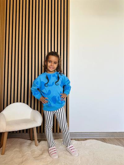 Kız Çocuk Pamuklu Mavi Çiçek Desenli Sweatshirt Çizgili Pantolon Takım