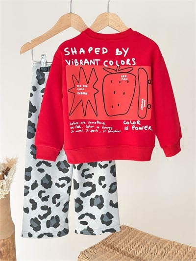 Çocuk Baskılı Kırmızı Sweatshirt ve Eşofman Takımı