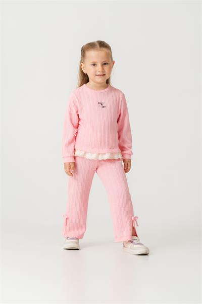 Kız Çocuk Pamuklu Pembe Fisto Detaylı Sweatshirt Eşofman Takım - Konforlu Günlük Giyim