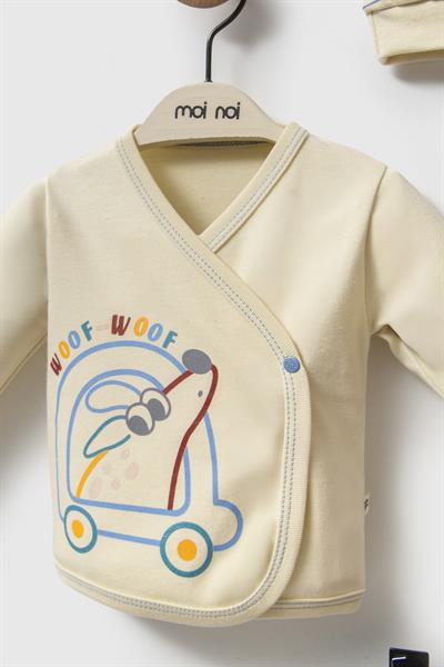 Erkek Bebek Pamuklu Krem Çizgili Köpek Baskılı 3lü Set - Zıbın, Patikli Pantolon ve Şapka