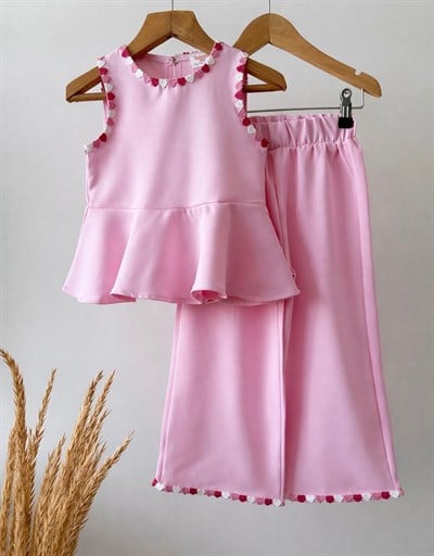 Kız Çocuk Pamuklu Pembe Kalp Detaylı Bluz Pantolon Takım