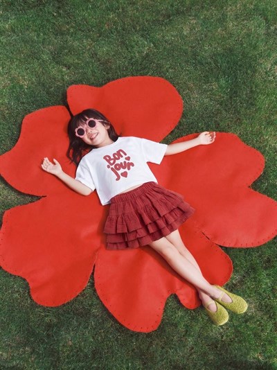 Kız Çocuk Pamuklu Bonjour Baskılı T-shirt Fırfırlı Etek Takım