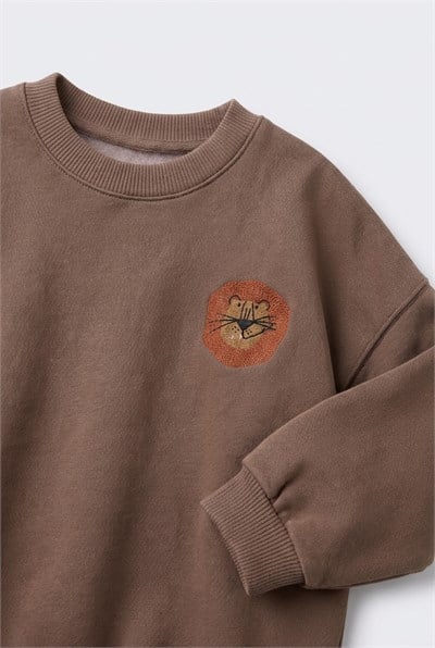 Çocuk Pamuklu Aslan Desenli Kahverengi Sweatshirt ve Eşofman Takımı