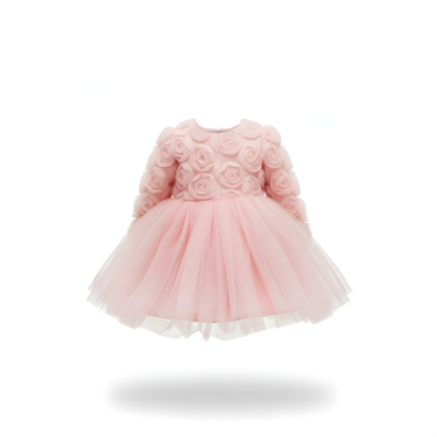 Kız Çocuk Pamuklu Pembe Çiçek Desen Aplikeli Tül Elbise - Özel Gün ve Davet Elbisesi