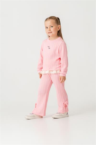 Kız Çocuk Pamuklu Pembe Fisto Detaylı Sweatshirt Eşofman Takım - Konforlu Günlük Giyim
