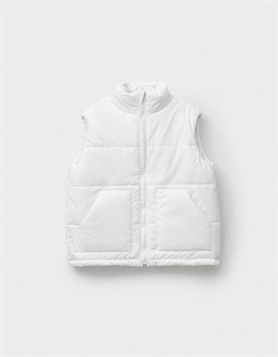 Unisex Çocuk Pamuklu Beyaz Şişme Yelek - Fermuarlı Cepli Kapitone Model