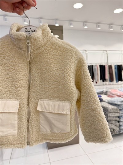 Unisex Çocuk Pamuklu Ekru Peluş Fermuarlı Cepli Mont