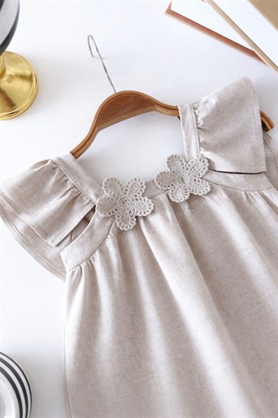 Kız Çocuk Pamuklu Gri Çiçek Detaylı Elbise