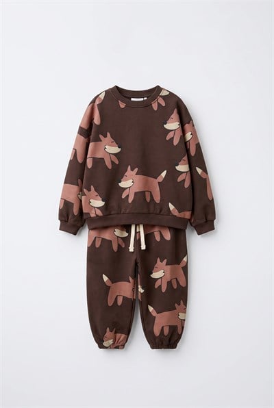 Çocuk Pamuklu Tilki Desenli Kahverengi Sweatshirt ve Eşofman Altı Takımı