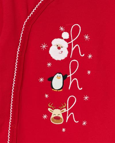 Unisex Bebek Pamuklu Kırmızı Noel Tulum - Santa, Penguen ve Geyik Nakışlı