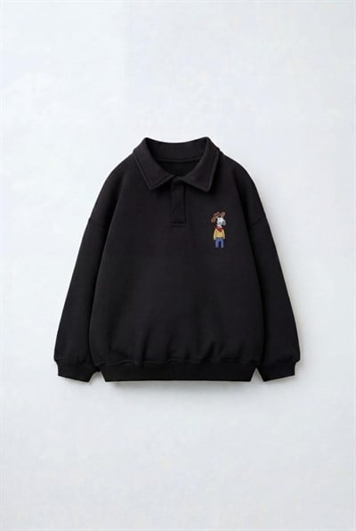 Çocuk Polo Yaka Siyah Nakış Detaylı Sweatshirt