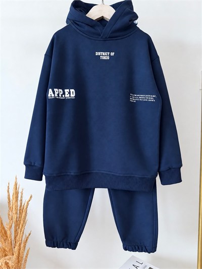 Çocuk Pamuklu Yazı Baskılı Lacivert Kapüşonlu Sweatshirt ve Eşofman Altı Takımı