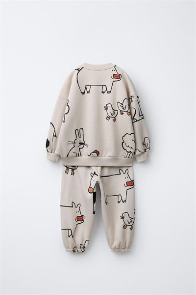 Çocuk Pamuklu Çiftlik Hayvanları Desenli Sweatshirt ve Eşofman Takımı