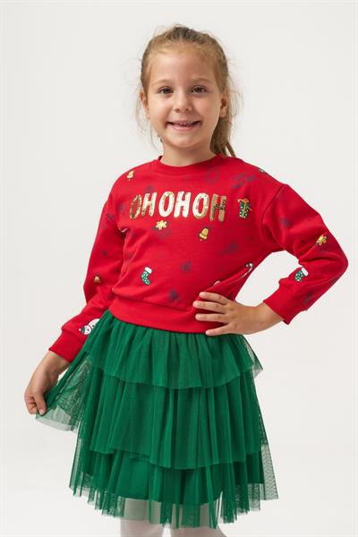 Kız Çocuk Pamuklu Kırmızı Sweatshirt ve Yeşil Tül Etek Takım - Yılbaşı Konseptli