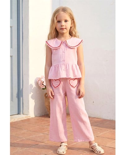 Kız Çocuk Pamuklu Pembe Bebe Yaka Kalp Cep Detaylı Bluz Pantolon Takım