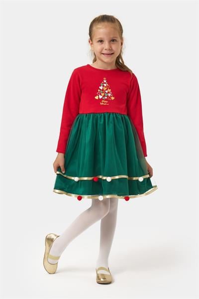Kız Çocuk Pamuklu Kırmızı Noel Ağacı Desenli Elbise - Tüllü ve Ponpon Detaylı Yılbaşı Elbisesi