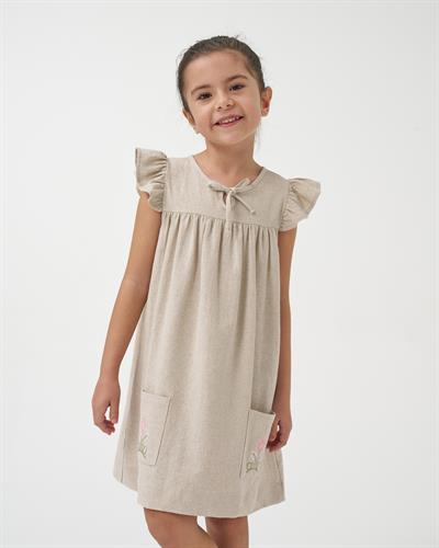 Kız Çocuk Keten Bej Çiçek Nakışlı Fırfır Kollu Elbise