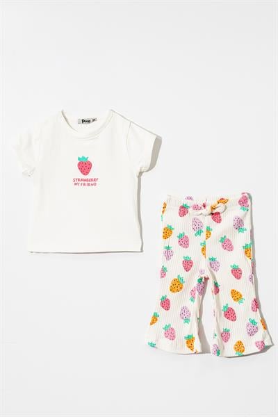 Kız Bebek Çilek Desenli Pamuklu Kısa Kollu Tişört ve Pantolon Takımı - 6-18 Ay