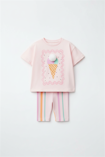 Kız Çocuk Pamuklu Pembe Dondurma Desenli T-Shirt ve Çizgili Tayt Takım