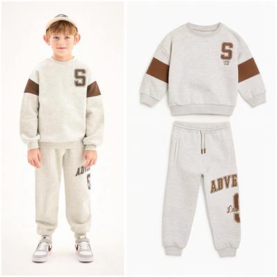 Erkek Çocuk Pamuklu Gri Melanj Adventure Baskılı Eşofman Alt-Üst Takım