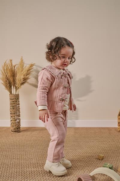Kız Bebek Pamuklu Pudra Yakalı Müslin 3lü Takım - Ceket Tişört Pantolon