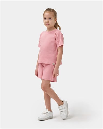 Kız Çocuk Pamuklu Pembe Dokulu T-shirt Şort Takım
