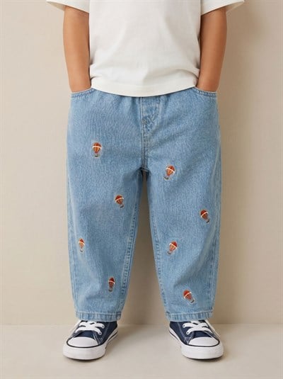Unisex Çocuk Pamuklu Balon Nakışlı Oversize Kot Pantolon