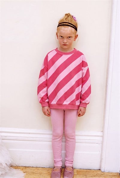Kız Çocuk Pamuklu Çilek Nakışlı Pembe Çizgili Sweatshirt ve Tayt Takımı