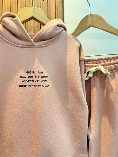 Kız Çocuk Pamuklu Gül Kurusu Kapüşonlu Sweatshirt ve Geniş Paça Eşofman Takım