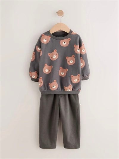Çocuk Ayıcık Desenli Antrasit Sweatshirt ve Bol Paça Pantolon Takımı