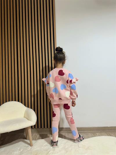 Kız Çocuk Pamuklu Pudra Kalpli Sweatshirt ve Tayt Takım - Fırfır Omuz Detaylı
