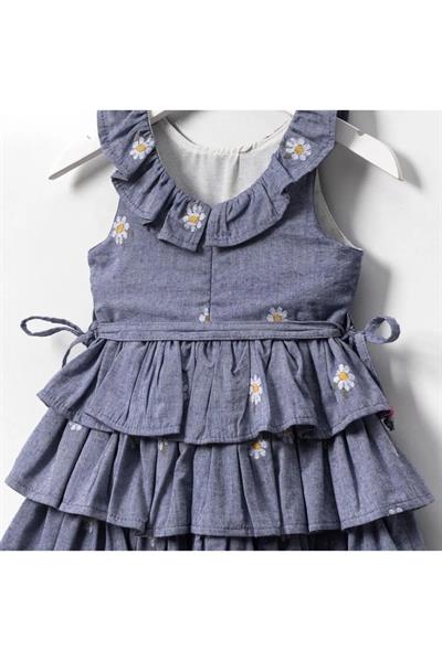 Kız Çocuk Pamuklu Mavi Papatya Nakışlı Kat Kat Elbise - Fırfır Yaka Detaylı