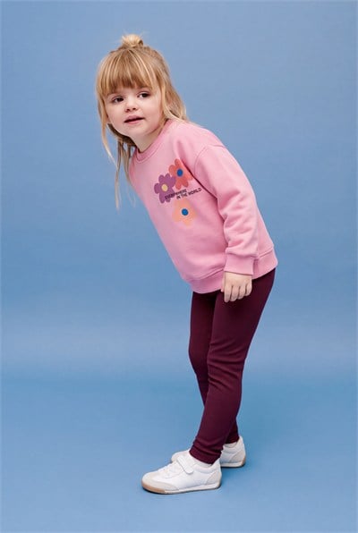 Kız Çocuk Pamuklu Çiçek Baskılı Pembe Sweatshirt ve Tayt Takımı
