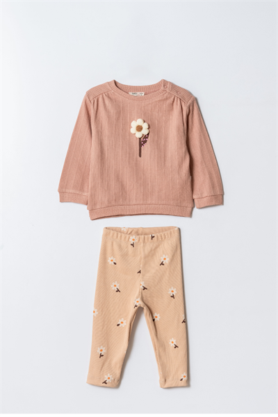Kız Çocuk Pamuklu Pembe Çiçek Desenli İkili Takım - Sweatshirt ve Tayt