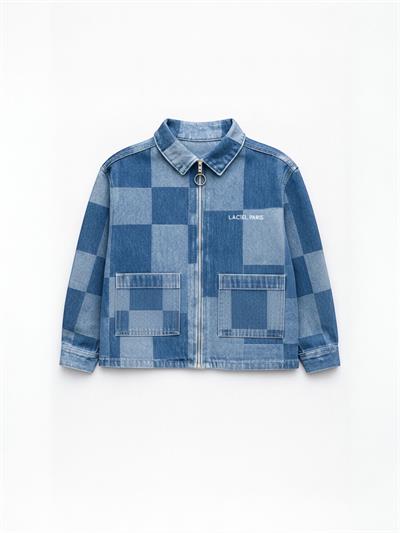 Unisex Çocuk Pamuklu Mavi Kare Desenli Fermuarlı Denim Ceket – Şık Günlük Tarz