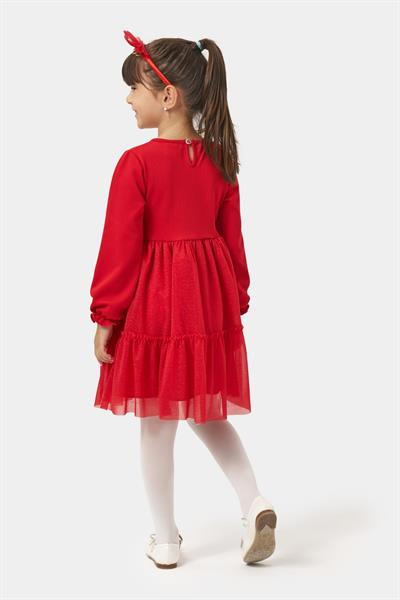 Kız Çocuk Pamuklu Kırmızı Baston Şeker Kalp Desenli Tüllü Elbise - Fırfırlı Parıltılı Etek Detaylı