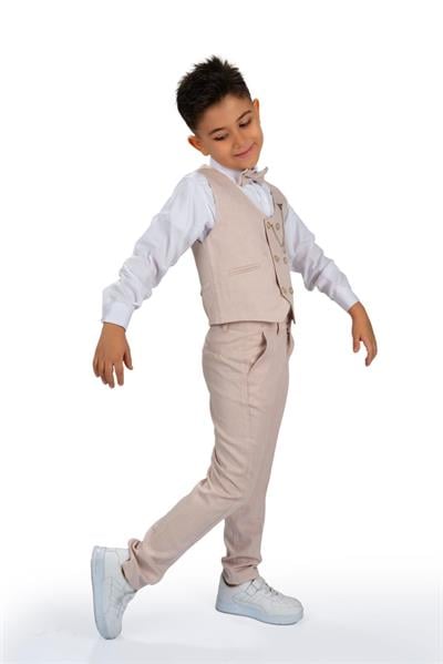 Erkek Çocuk Keten Görünümlü Taş Renkli Yelekli Pantolon Takım - Papyon ve Zincir Aksesuarlı