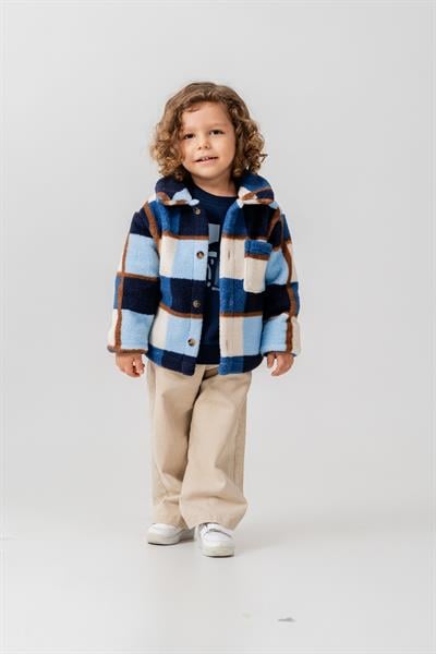 Erkek Çocuk Pamuklu Mavi Kareli Desenli Polar Ceket – Cepli Düğmeli