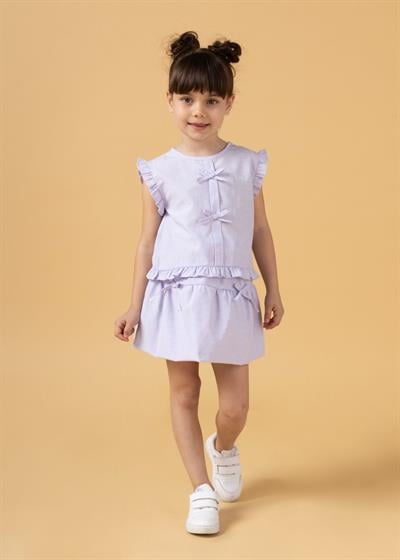 Kız Çocuk Pamuklu Fiyonklu Volanlı Takım - Kolsuz Üst ve Etekli Yazlık İkili Set