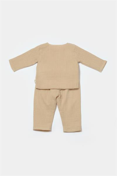 Unisex Bebek Organik Pamuklu  Müslin Yandan Düğmeli Takım – Kuzu Nakış Detaylı