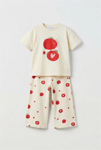 Unisex Çocuk Pamuklu Krem Domates Baskılı T-Shirt Pantolon Takım - Yazlık