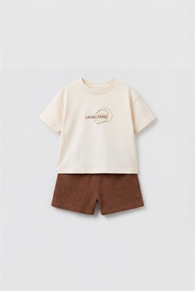 Unisex Bebek Pamuklu Ekru Logo Baskılı Tişört Şort Takım