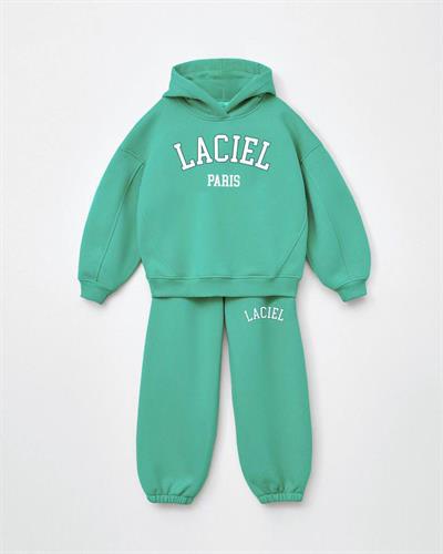 Unisex Çocuk Pamuklu Yeşil Baskılı Kapüşonlu Sweatshirt ve Paça Lastikli Eşofman Alt-Üst Takım