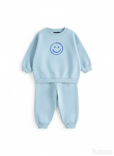 Unisex Çocuk Pamuklu Mavi Smiley Baskılı Eşofman Takımı - Rahat Kalıp