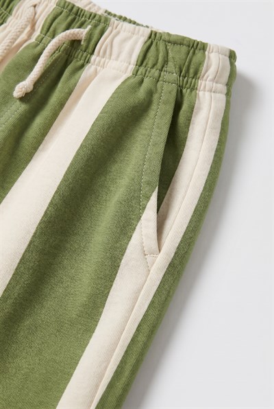 Unisex Çocuk Pamuklu Yeşil Ekru Çizgili Pantolon