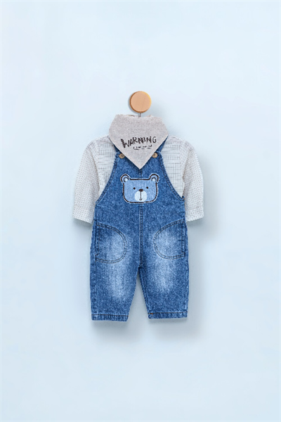 Erkek Bebek Ayıcıklı Kot Salopet Takımı – 3lü Set, Pamuklu ve Rahat