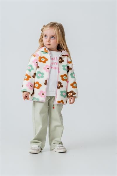 Kız Çocuk Pamuklu Çiçek Desenli Kapüşonlu Polar Ceket - Fermuarlı