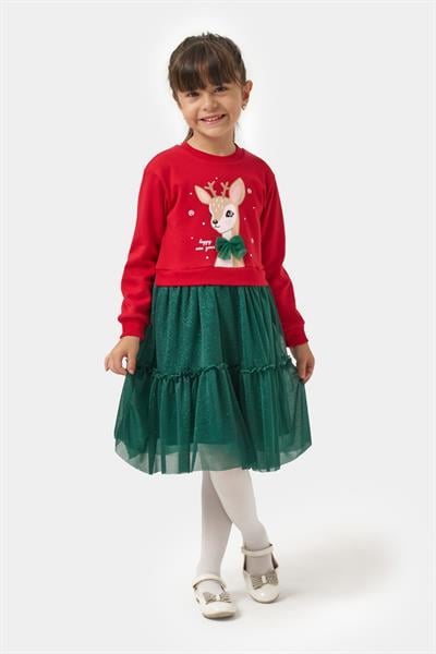 Kız Çocuk Pamuklu Kırmızı Geyik Desenli Sweatshirt ve Yeşil Tül Etek Takımı - Yılbaşı Konseptli
