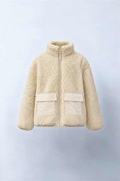 Unisex Çocuk Pamuklu Ekru Peluş Fermuarlı Cepli Mont